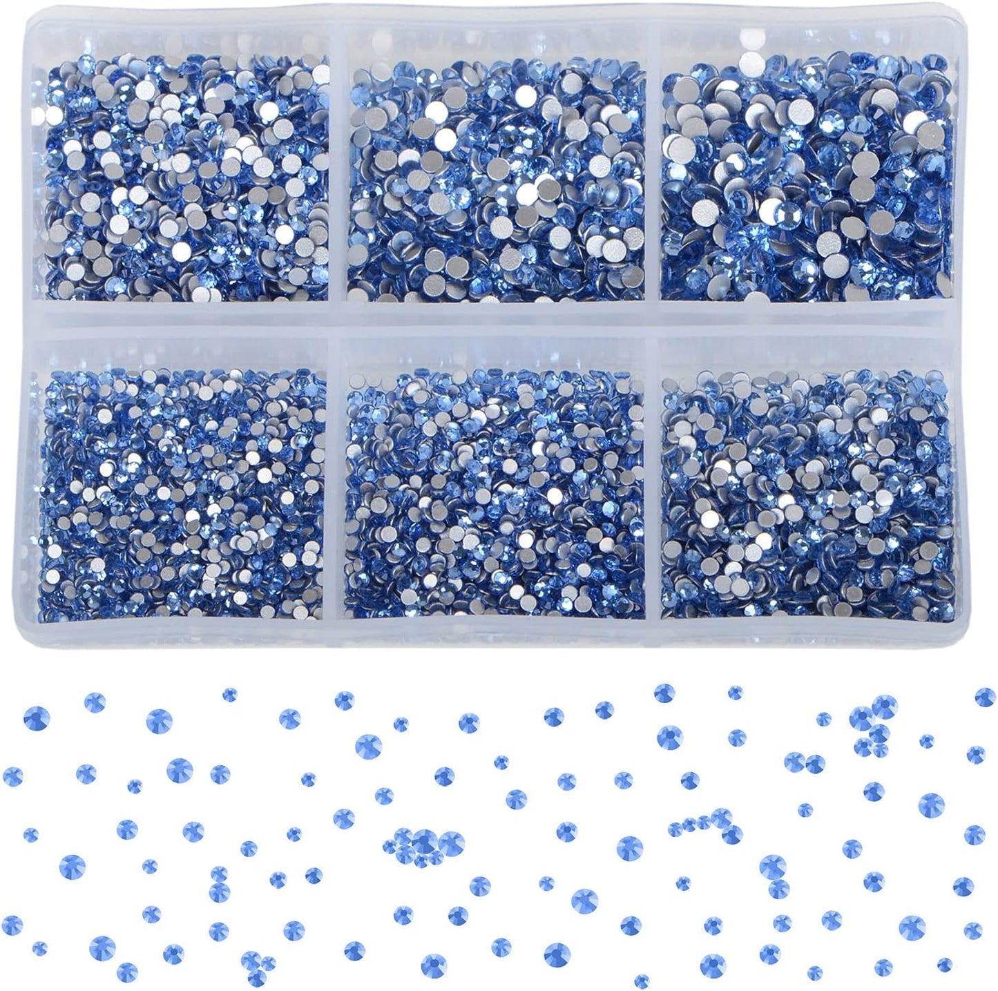 Bymitel 7200 Pieces 6 Mixed Sizes Glue Fix on Glass Rhinestones Round Crystal Gems Flatback for DIY Jewelry Making with one Picking Pen(6-Sizes 7200PCS, Lt. Sapphire)
