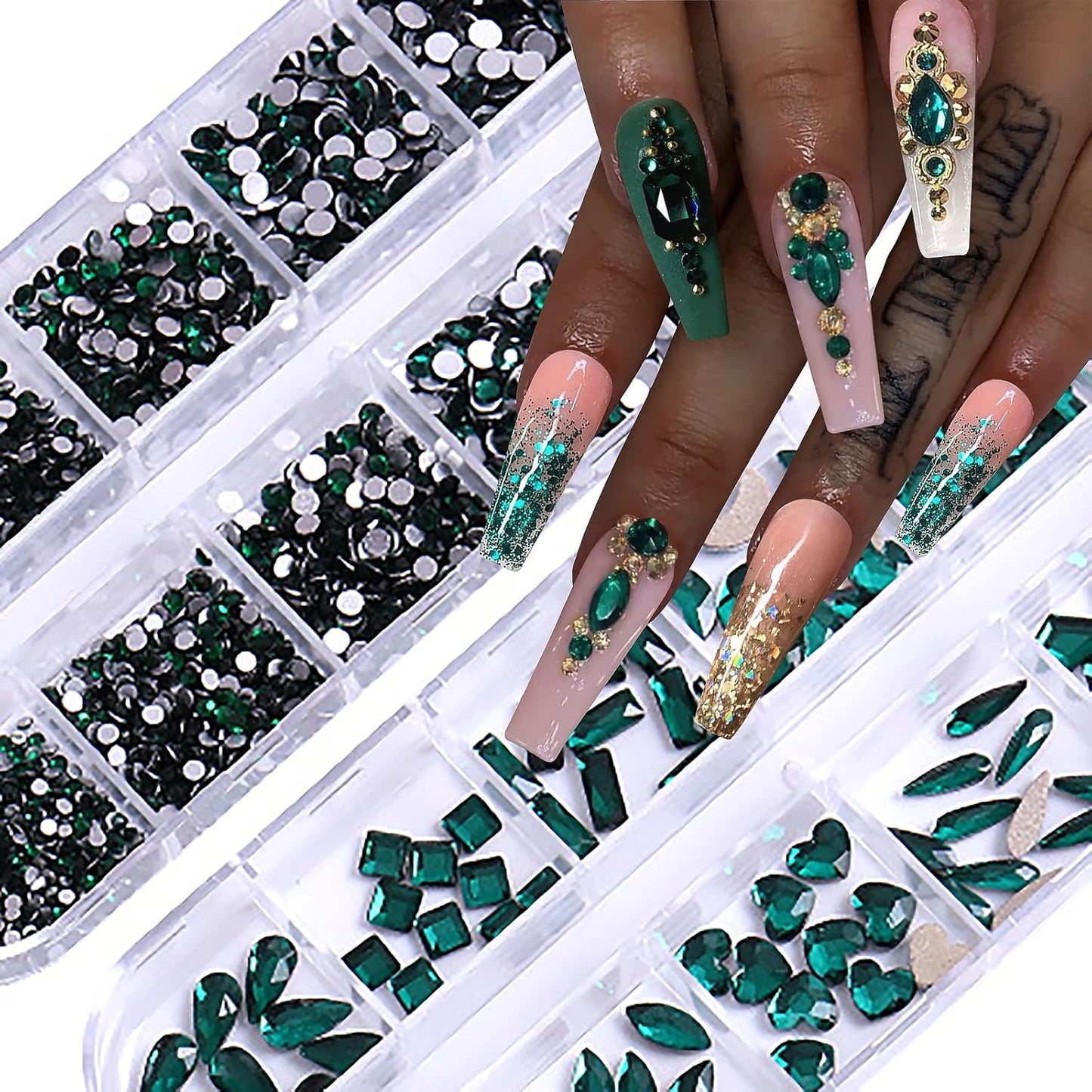3120Pcs Green Nail Art Rhinestones Crystal,HOINCO Nail Art Crystal Flat Back Nail Diamond Jewels for Nail Art DIY Crafts with Tweezers and Pen