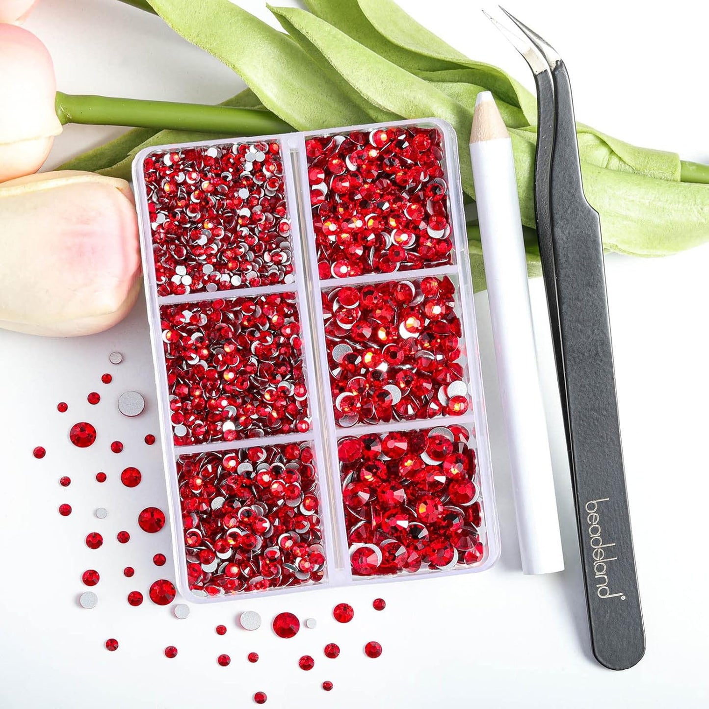 Beadsland 4300pcs Flatback Rhinestones,Light Red Rhinestone Nail Gems Round Crystal Rhinestones for Crafts,Mixed 6 Sizes with Picking Tweezers and Wax Pencil Kit, SS6-SS20,Light Siam