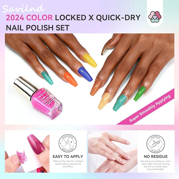 SAVILAND Nail Polish Set Air-Dry: 36 Colors Nail Polish Kit Red Pink Blue Glitter Regular Nails Polish with Base Top Coat Nail Lacquer Acrylic Nail Set for Beginner Home Salon DIY Gift Summer