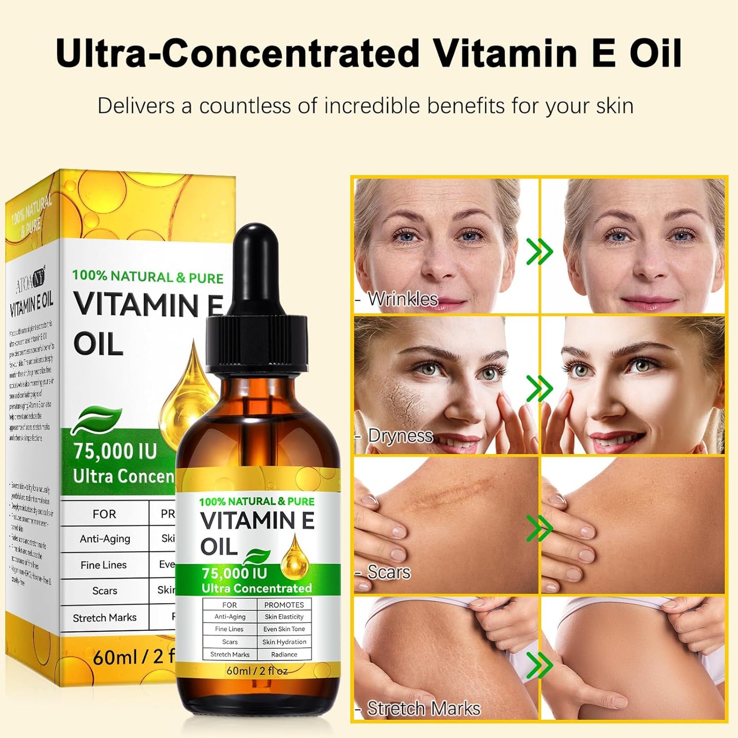 Vitamin E Oil Blend 75,000 IU, Pure Vitamin E Oil for Skin, Scars, Nails and Scalp, Hydrating Dry Skin, Face and Body Moisturizer, Reduce Stretch Marks, Fine Lines & Wrinkles, 2Fl Oz
