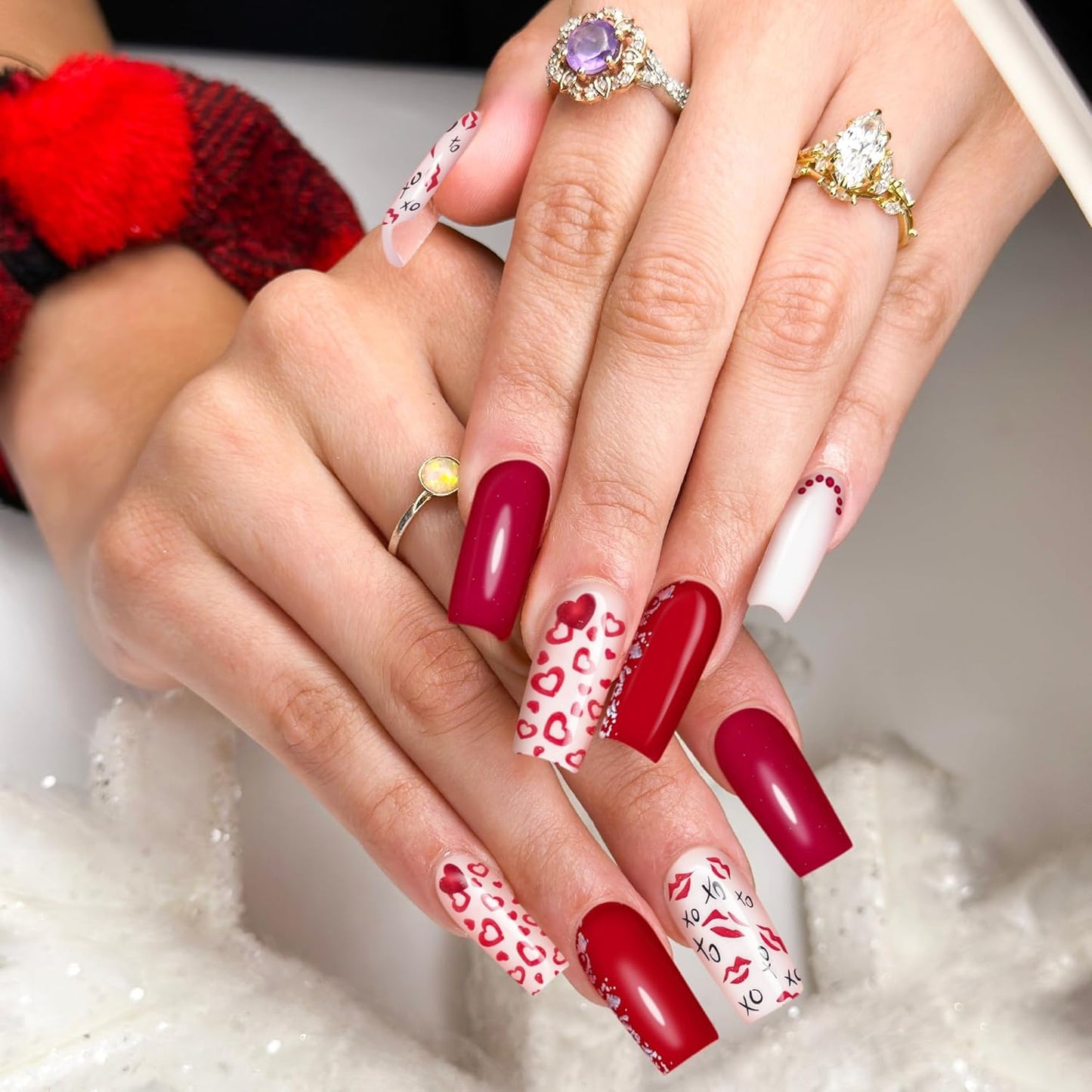 Semi Cured Gel Nail Strips-Magenta Sparkle with Pink Winter Designs, 36Pcs Almond Fake Nails, Christmas Party Nails,Works with Any UV/LED Lamps(Romance-Sign)