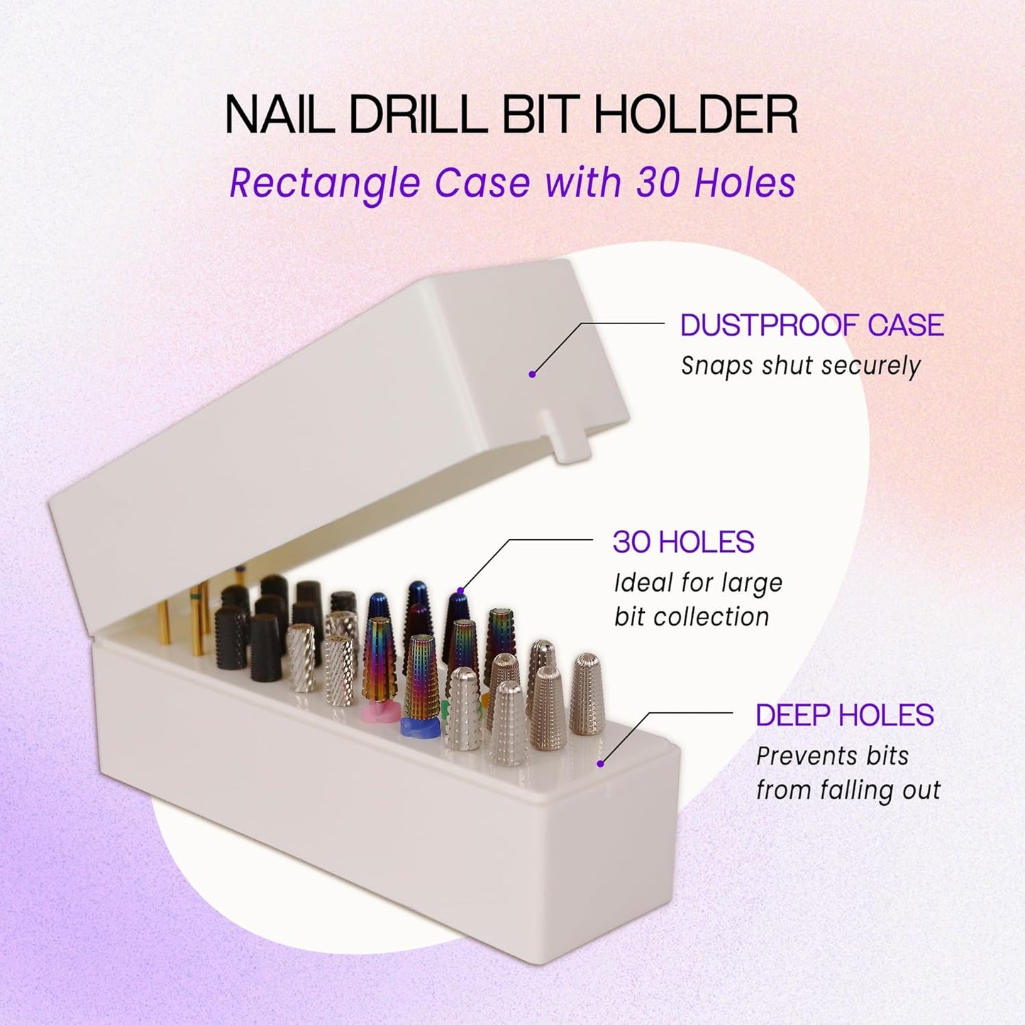 PANA Rectangle Nail Drill Bit Holder Display Organizer Case - Dustproof Carbide Bit Storage Container Box For Manicure Tools Nail Salon - 30 Holes White (Drill Bits Not Included)