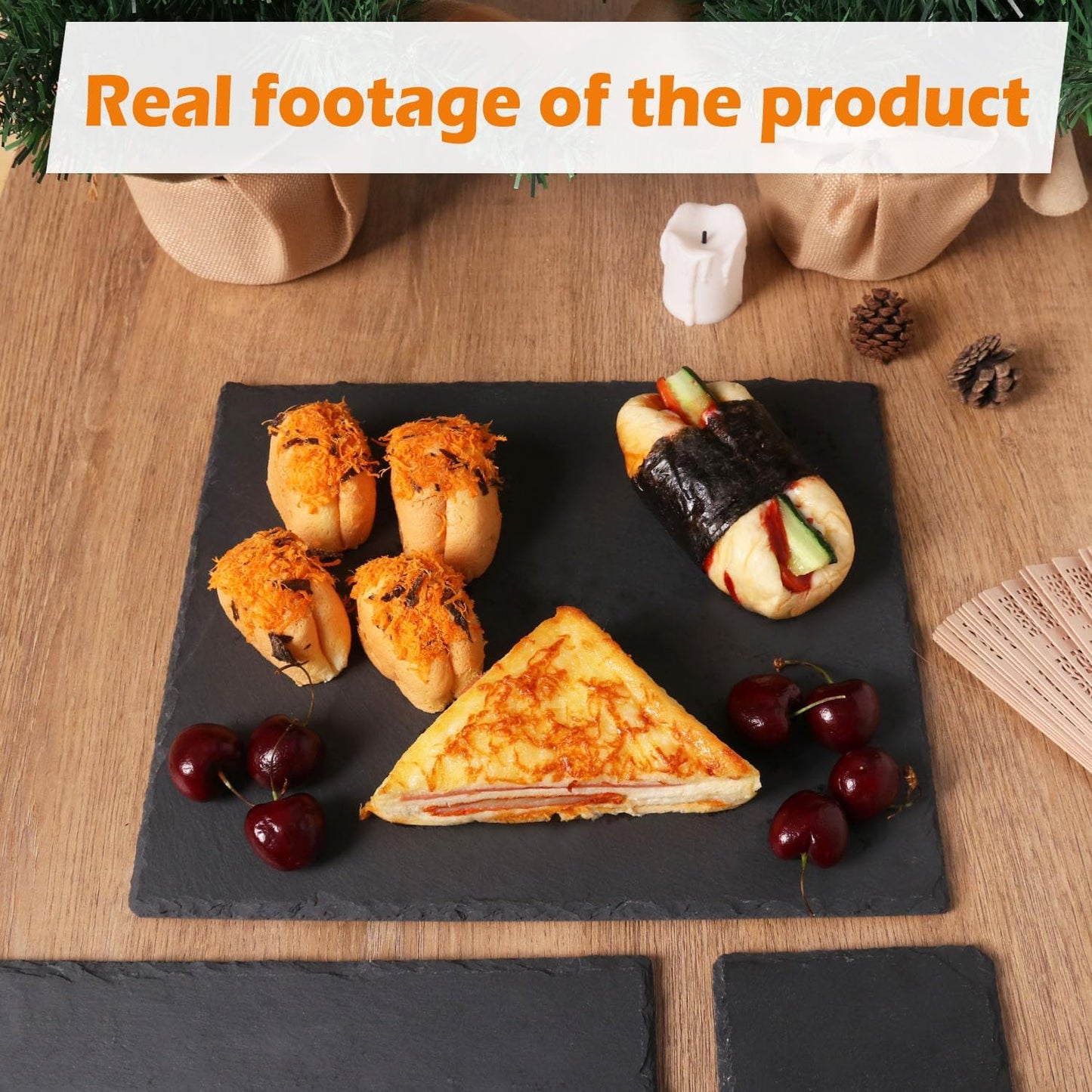5 Pack 12 x 10 Inch Slate Cheese Boards, Black Rectangle Slate Charcuterie Boards, Natural Charcuterie Stone Plates for Parties, Gifts, and Special Events, Cheese, Sushi, Food.