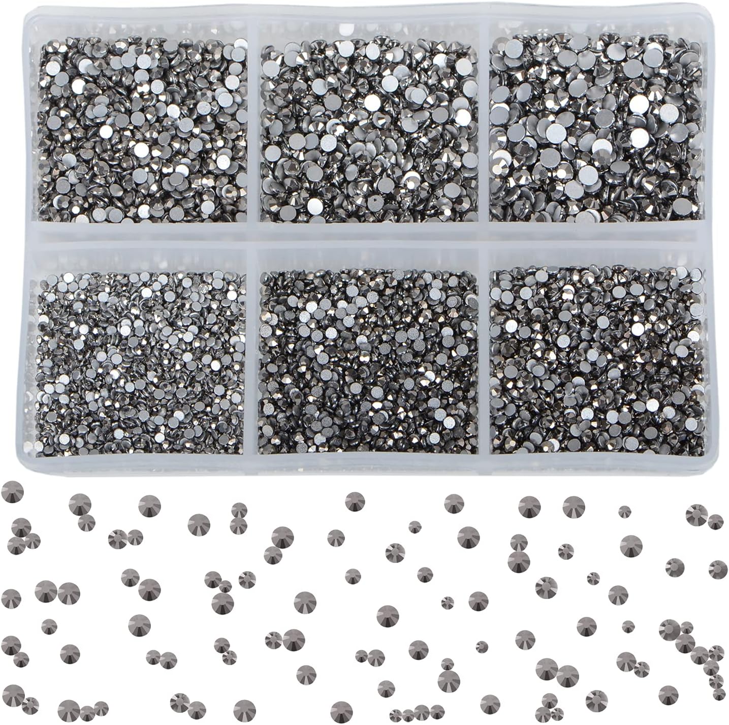Bymitel 7200 Pieces 6 Mixed Sizes Glue Fix on Glass Rhinestones Round Crystal Gems Flatback for DIY Jewelry Making with one Picking Pen(6-Sizes 7200PCS, Jet Hematite)