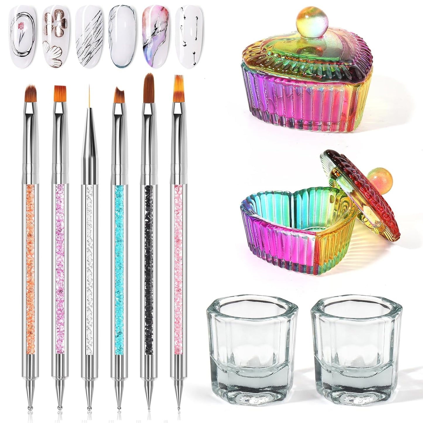 Yokilly Acrylic Nail Art Brush Set, 6 PCS Double-Sided Nail Polish Brush & 4PCS Crystal Dappen Dish for Acrylic Nails, Nail Liner Brush & Glass Container Manicure Cup Nail Art Tool
