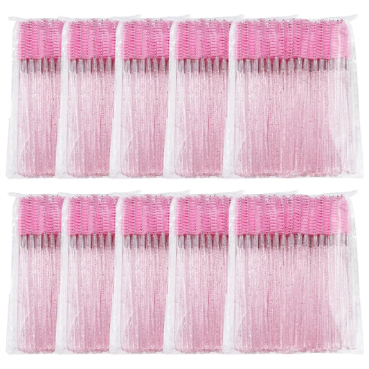 500 Pieces Eyelashes/Eyebrows Brushes, 10CM Lash Removal Cleaning Tools, Crystal Handle, Makeup Tools Mascara Wands(Simple Packaging)-(Crystal Pink)
