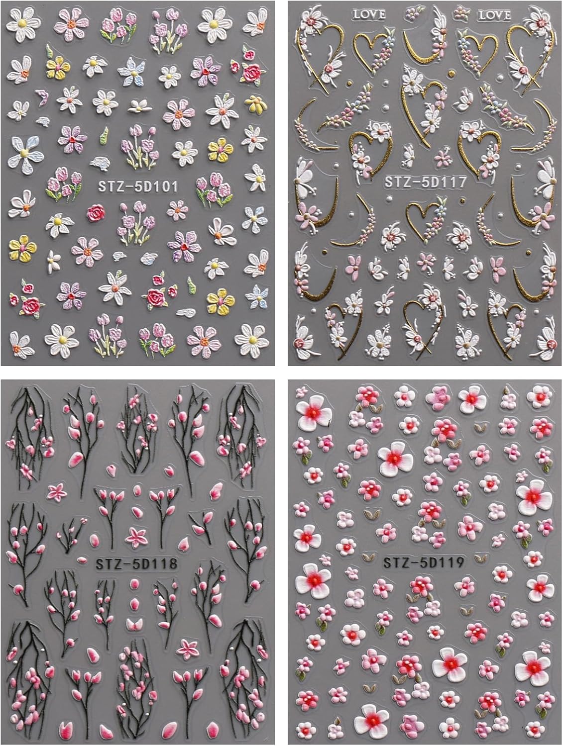 JMEOWIO 3D Embossed Flower Nail Art Stickers Decals Self-Adhesive 5D Spring Summer Floral Nail Supplies Nail Art Design Decoration Accessories 4 Sheets