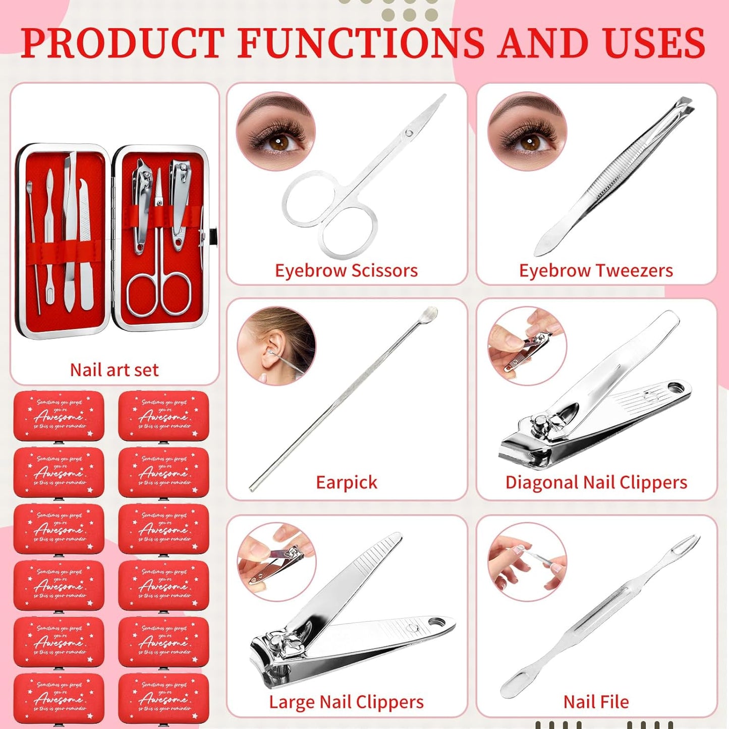 24 Set Manicure Kit Bulk Nail Clippers 7 in 1 Stainless Steel Grooming Nail Kit Employee Teacher Appreciation Gift Bulk Professional Pedicure Tool for Women Personal Care(Red)