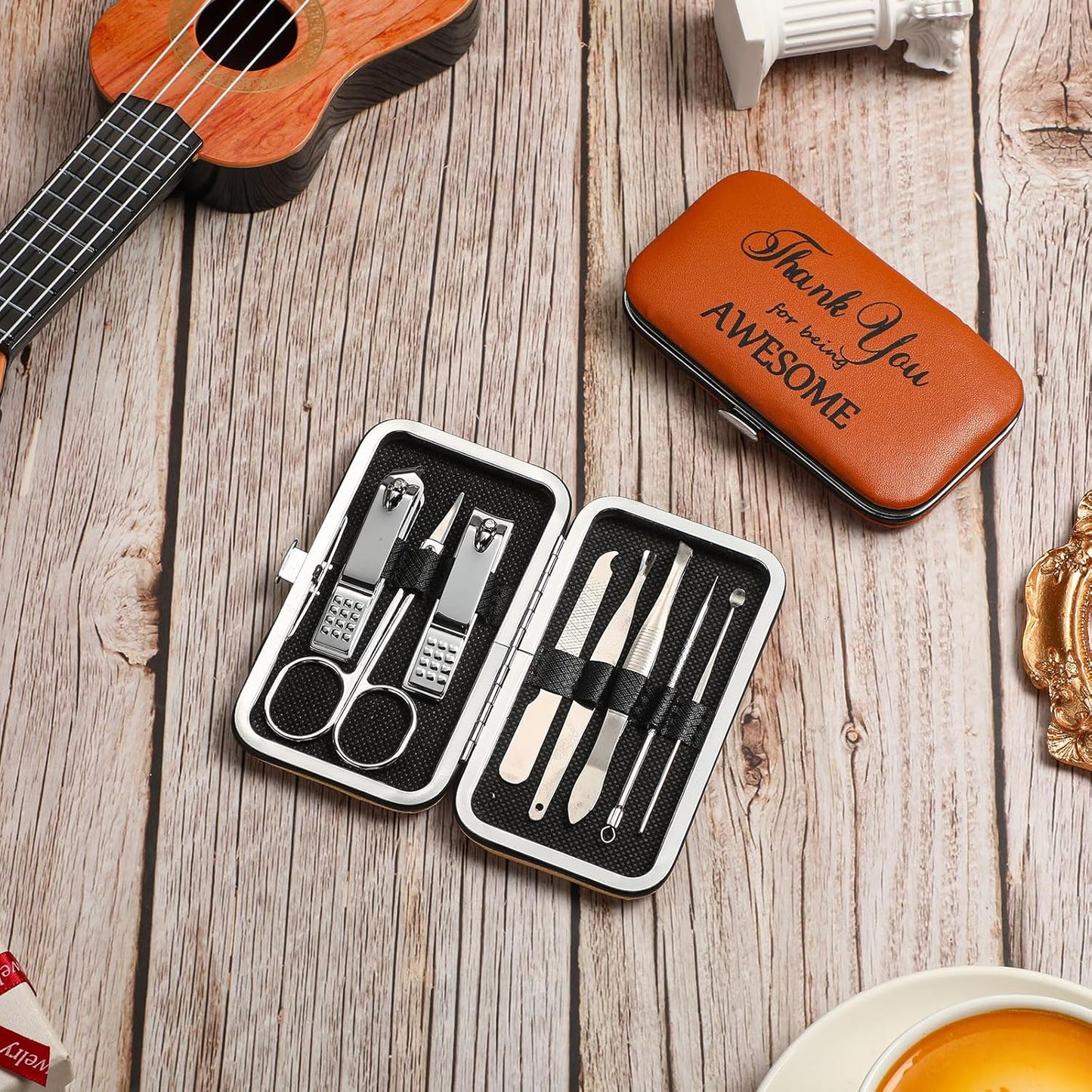 Therwen 24 Sets Manicure Set Nail Clippers 8 in 1 Stainless Steel Grooming Nail Kit Thank You Appreciation Gift Professional Pedicure Tool for Men Women Personal Care(Brown)