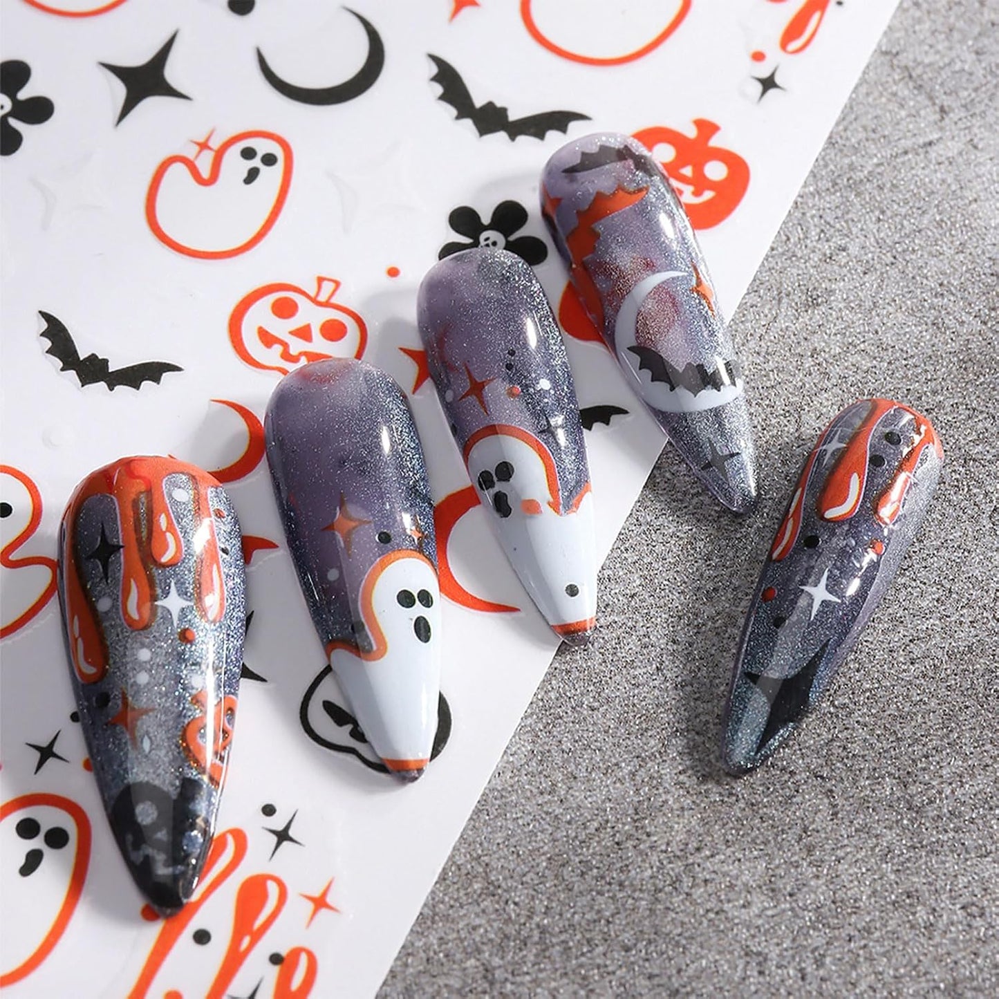 Halloween Nail Art Stickers, Pink Pumpkin Nail Decals, 3D Self-Adhesive Spider-Web Bat Design for DIY Nail Supplies Decoration (4 Sheets)