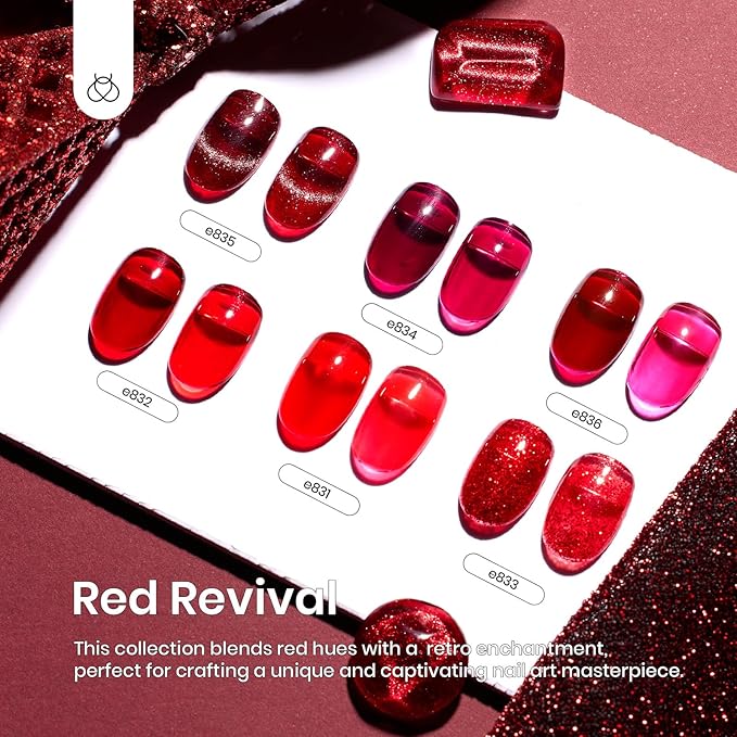 Beetles Red Gel Nail Polish Set, Winter Gel Polish 6 Colors Cat Eye Glitter Burgundy Bright Jelly with Magnet, Soak Off LED Lamp DIY Salon at Home Manicure Gifts for Women Red Revival
