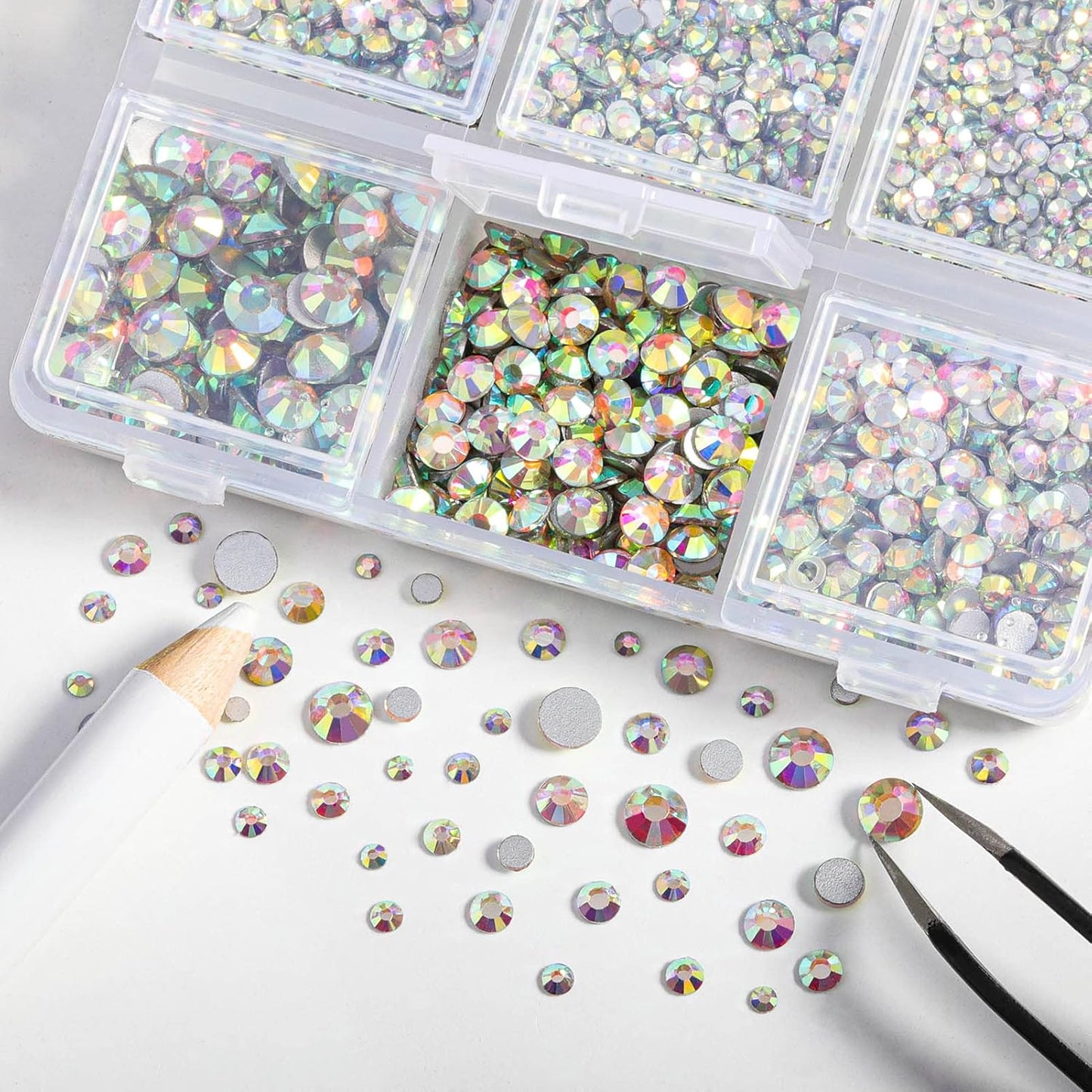 Beadsland 4300pcs Flatback Rhinestones,AB Crystal Rhinestone Nail Gems Round Crystal Rhinestones for Crafts,Mixed 6 Sizes with Picking Tweezers and Wax Pencil Kit, SS6-SS20,Crystal AB
