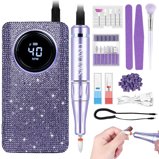 SAVILAND High Speed Nail Drill 40000 RMP: Diamond Shiny Electric Nail File 2600 mAh Rechargeable Nail Drill Kit for Thick Acrylic Nails Removal with Ceramic Drill Bits Sanding Bands Nail Tech Salon