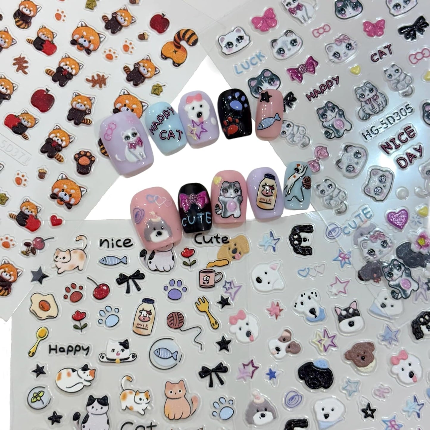 Cute Style Japanese Inspired Embossed Cute Dogs Adorable Cats Tanuki DIY Nail Stickers - Everyday Nail Art Decorations A Set of 4 Sheets
