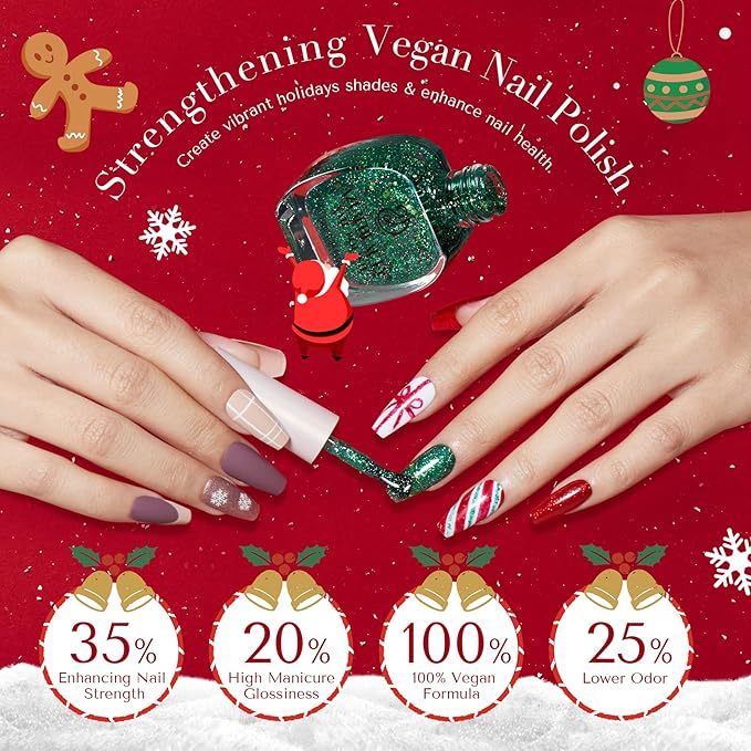 AZUREBEAUTY Christmas Nail Polish Set 6 Colors Glitter Red Green Quick Dry with Top Coat & Nail Polish Remover Long Lasting Sheer