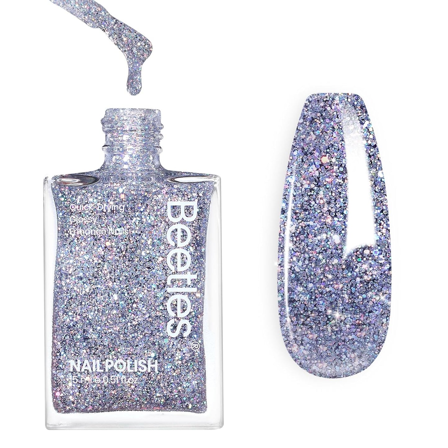 Beetles Silver Glitter Nail Polish, 1Pcs 15ml Silver Color Sparkle Nail Polish Quick Dry, Holographic Nail Lacquer Art Effect for Nail Salon DIY at Home, Nail Art Design for Women