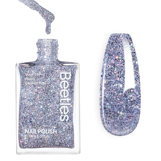 Beetles Silver Glitter Nail Polish, 1Pcs 15ml Silver Color Sparkle Nail Polish Quick Dry, Holographic Nail Lacquer Art Effect for Nail Salon DIY at Home, Nail Art Design for Women