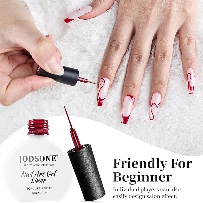 JODSONE 10ml Nail Art Gel Liner Dark Red Gel Nail polish at Home Salon Design with Thin Brush Need U V Lamp Cured