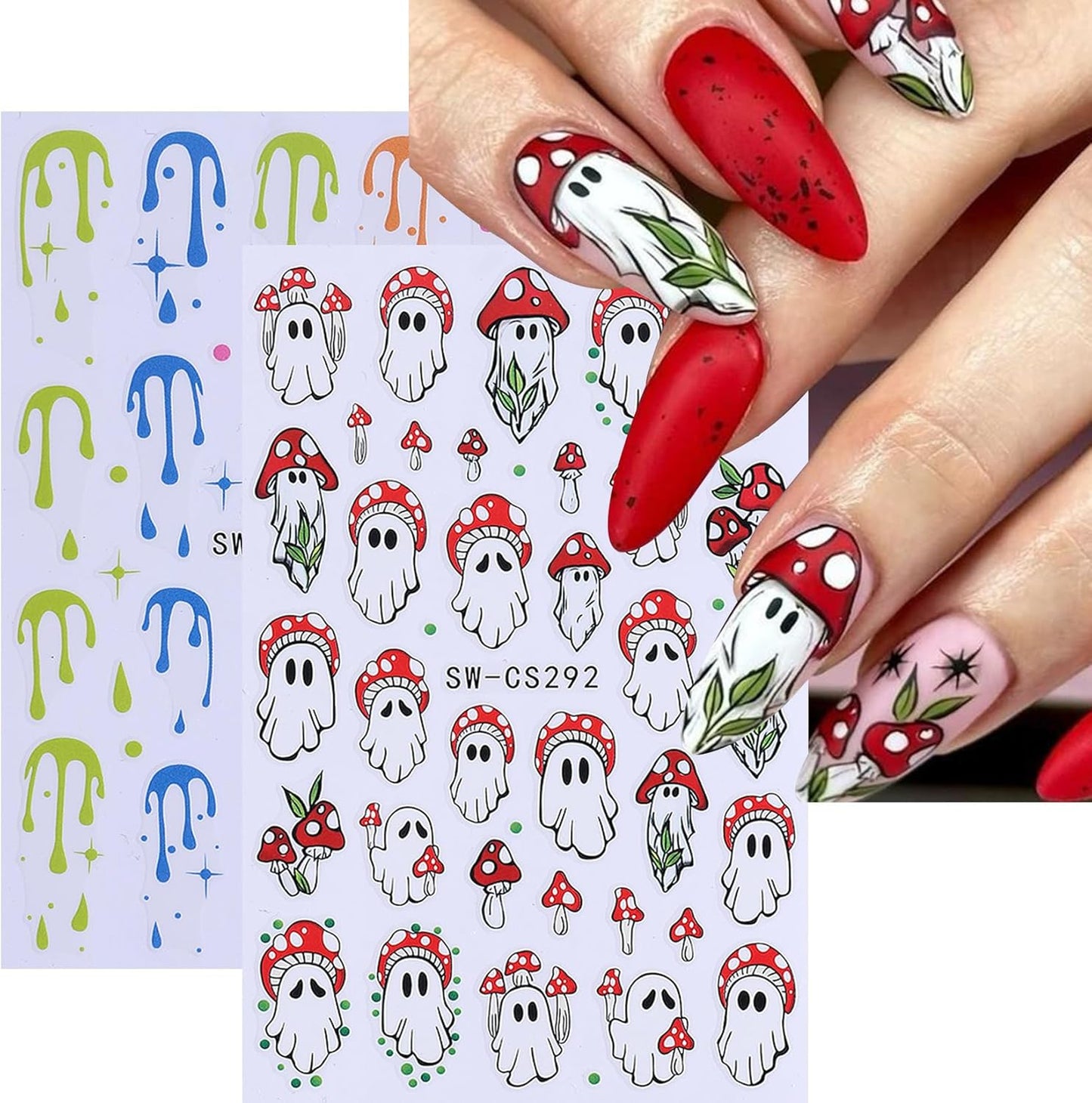 Halloween Stickers for Nails Art 12PCS 3D Cute Ghost Skull Nail Decals with Tweezers Self Adhesive Luminous Designs Acrylic Nails Supplies Bat Skeleton Spider Web Stickers for Women Girl DIY Decor