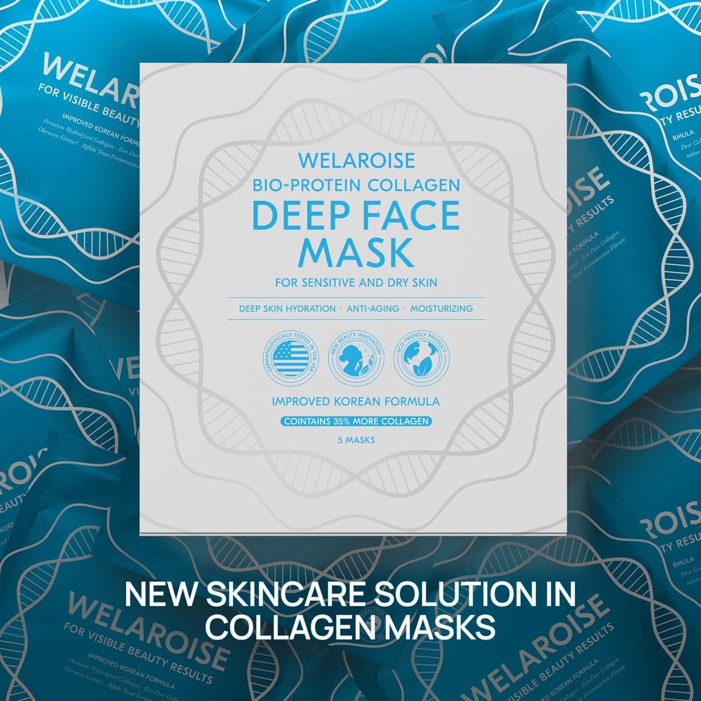 Welaroise Bio Protein Collagen Hydrogel Deep Face Mask - 35% More Collagen, Intense Hydration & Moisturization, Firming, Anti-Aging, Skin Renewal, Korean Skincare (Pack of 5)