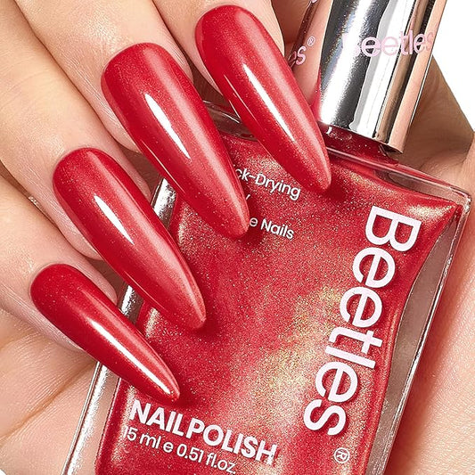 Beetles Red Nail Polish 15ML Quick Dry Glitter Fingernail Polish 4th of July DIY Salon Christmas for Women