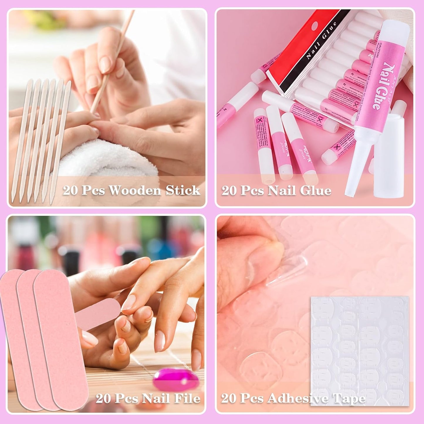 Press On Nail Tool Kit for Nail Business, Nail Prep Application Disposable Kit with Nail File, Nail Glue, Prep Pads, Instruction Card, Adhesive Nail Tabs, Wood Stick, Holographic Bag (20pcs in purple)