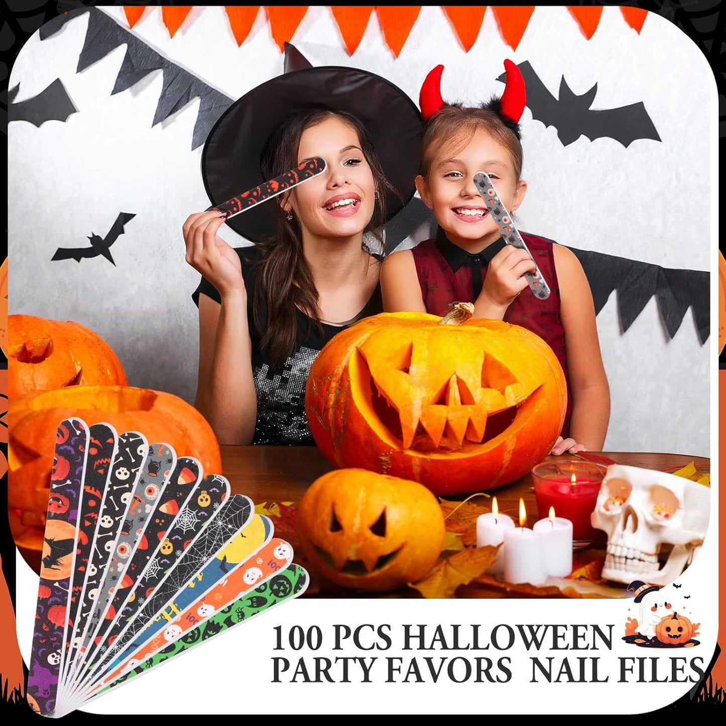 100 Pcs Halloween Nail Files Gift for Women 7 Inch Large Emery Board Nail File for Natural Nails Double Sided 180 Grit Pumpkin Bat Spider Skull Emery Board Manicure Tools for Party Supplies
