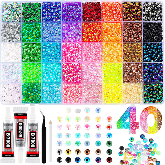 Zefy 40 Colors Resin Jelly Rhinestones for Bedazzling, 5mm 10000 Pcs Flatback Gems for Crafting, Bedazzling Kit with 3Pcs B7000 Glue for Clothing Shoes Nail Book Diamond Art