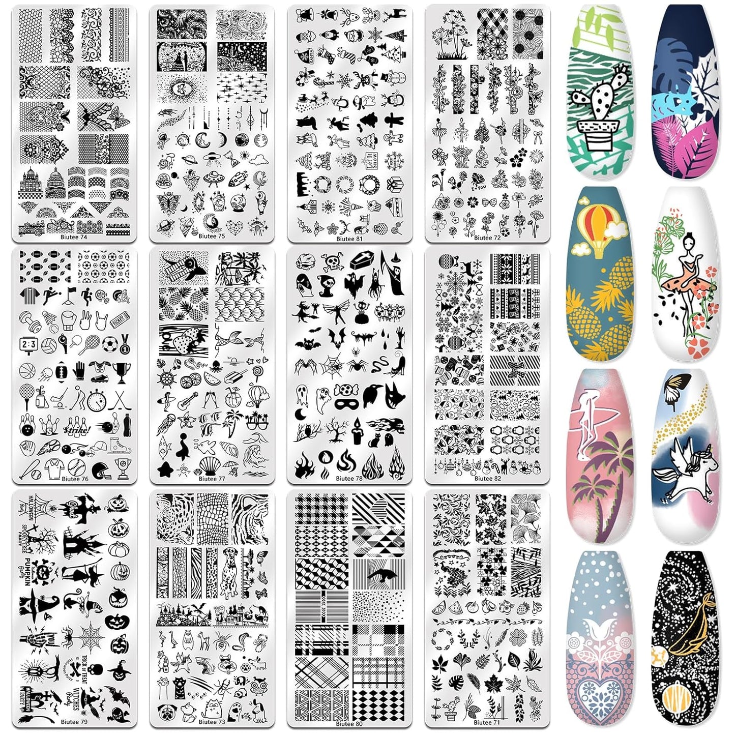Biutee Nail Stamper Kit 22Pcs Gel Nail Stamping Kit 12Pcs Nail Stamping Plates 8Pcs Gel Stamping Polish, Silicone Stamper Scraper Flower Lace Holiday Stamp Template Halloween Christmas Gift for Women