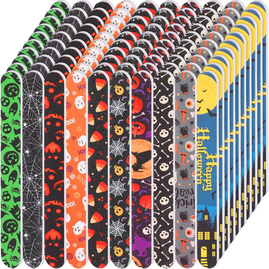 100 Pcs Halloween Nail Files Gift for Women 7 Inch Large Emery Board Nail File for Natural Nails Double Sided 180 Grit Pumpkin Bat Spider Skull Emery Board Manicure Tools for Party Supplies