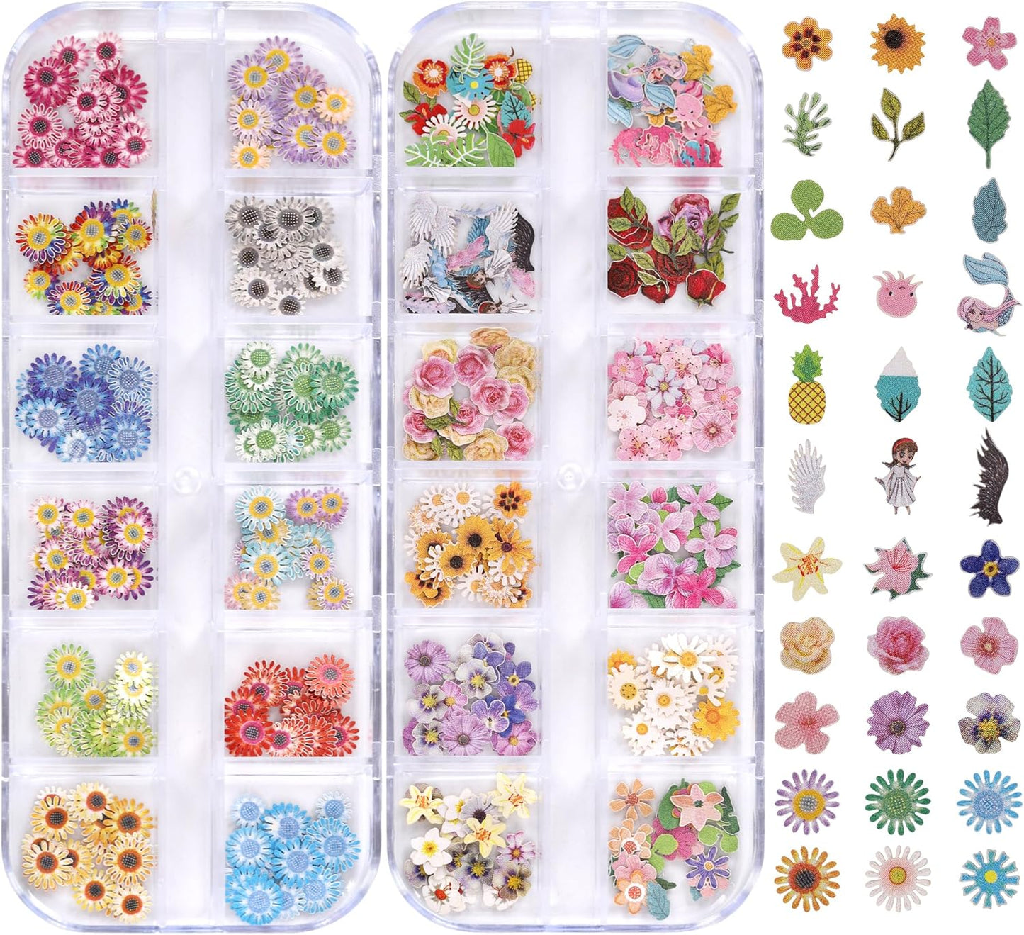 600Pcs 3D Flower Nail Art Charms Sequins Decals Colorful Mixed Daisies Flowers Leaves Design Slice Nail Flowers Ultra Wood Pulp Flakes Sequins 5
