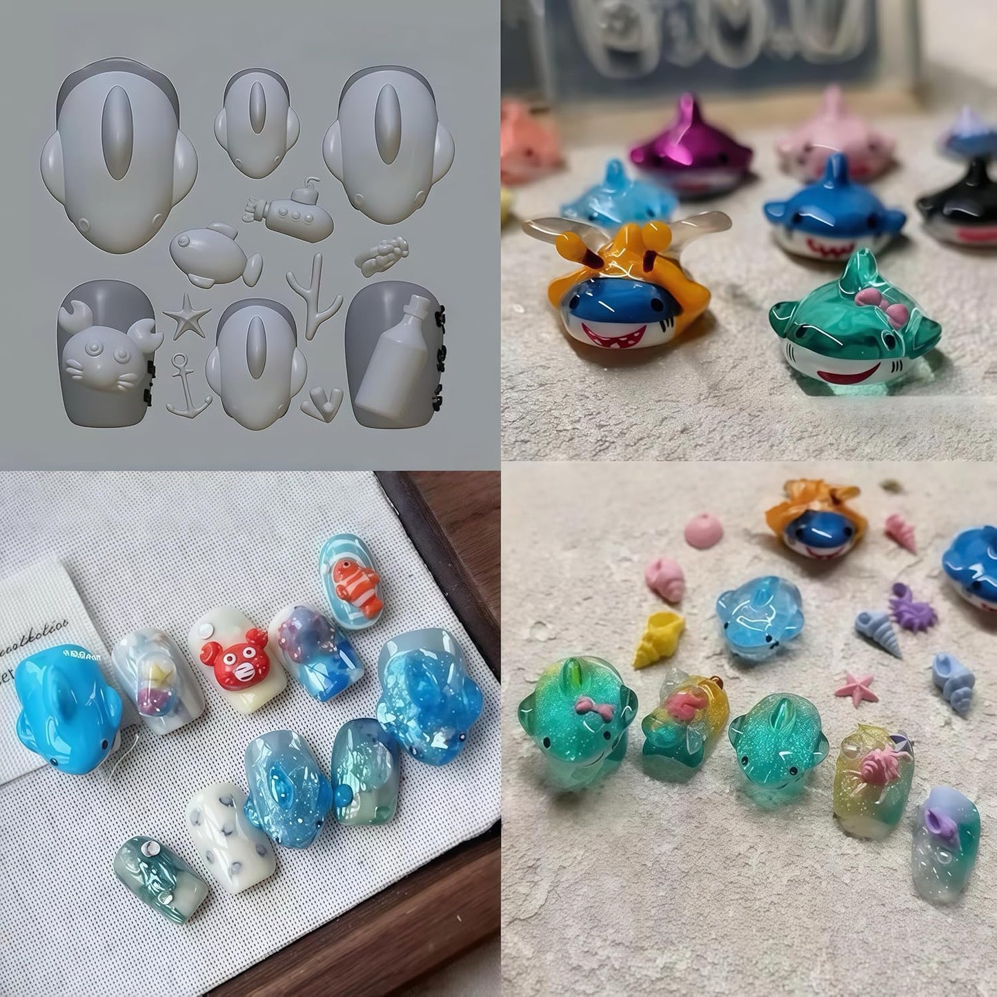 3D Sea Creature Nail Art Molds - DIY Resin/Gel Nail Charms Making Kit, Cute Shark, Crab, Seashell & Ocean Theme Decorations for Manicure