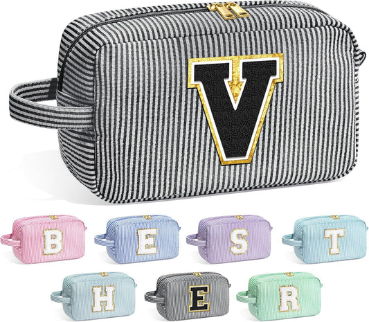 YOOLIFE Travel Makeup Cosmetic Bag - Personalized Monogram Cute Initial Makeup Bags Cosmetic Toiletry Bag Pouch Make Up Case for Women Her Mom Best Friend Sister Teacher, Birthday Gifts for Women V