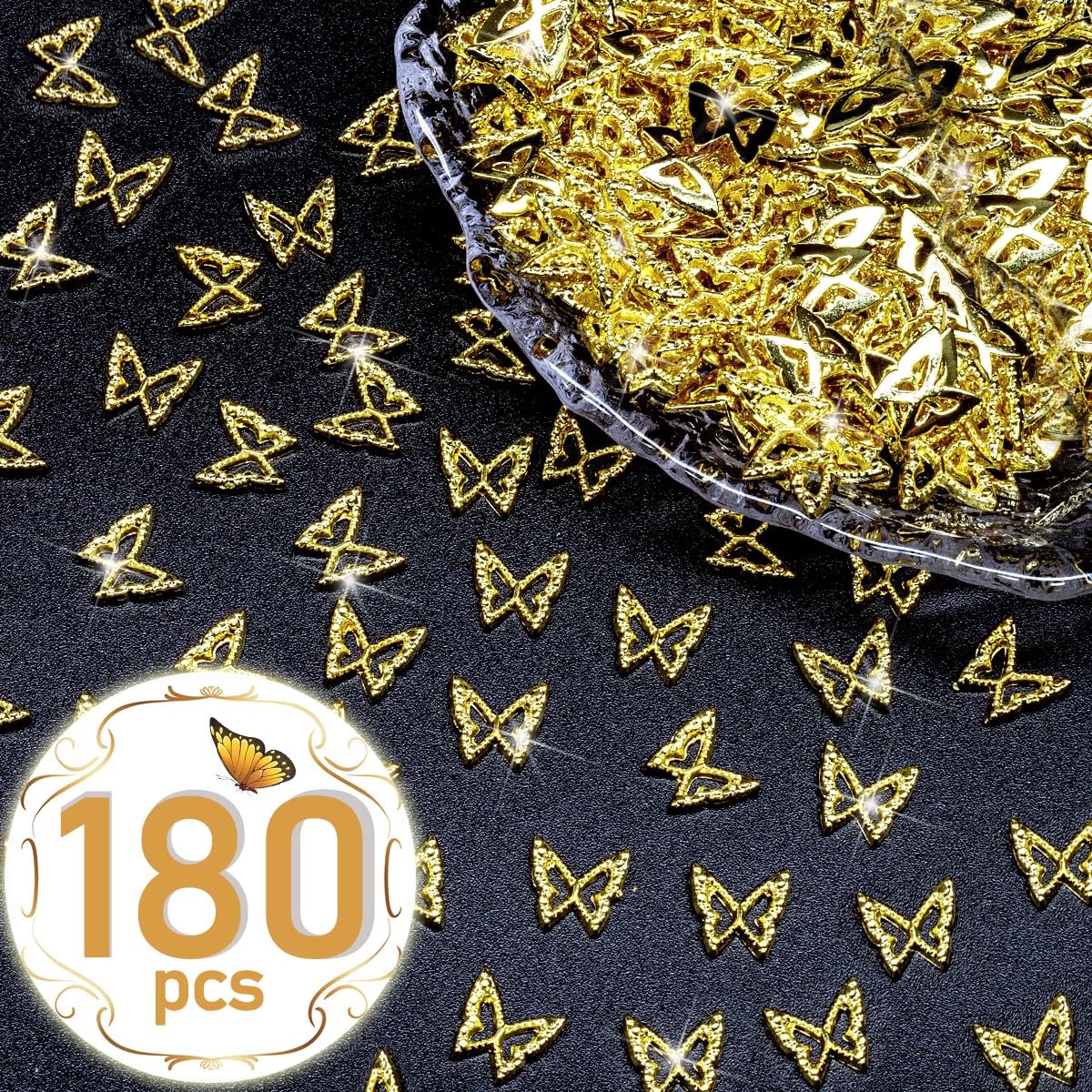 Golden Butterfly Nail Charms - 180pcs 3D Butterflies for Acrylic Nails, Alloy Studs, Jewels Decoration Supplies, DIY Crafts