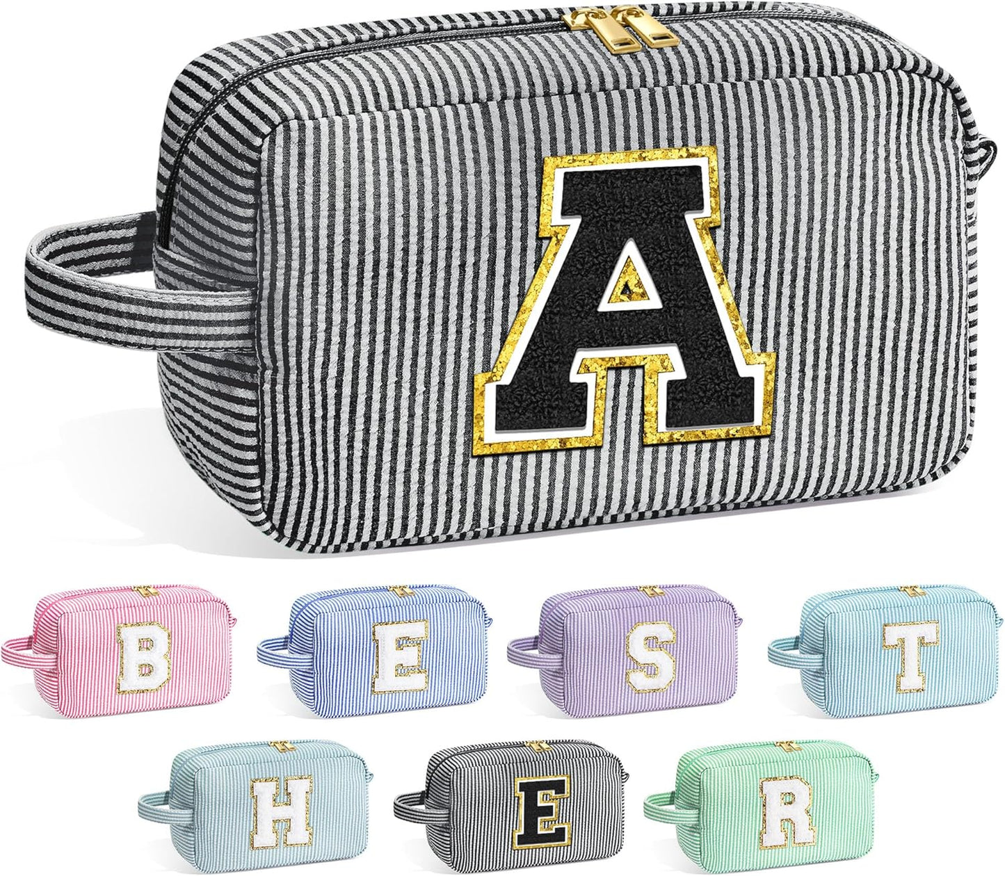 YOOLIFE Gifts for Women, Personalized Birthday Gifts for Women Girlfriend Her Friend Mom Grandma Daughter Wife, Bridesmaid Gifts, Monogram Initial Girls Preppy Makeup Bag A
