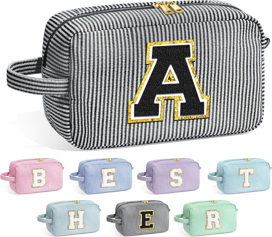 YOOLIFE Gifts for Women, Personalized Birthday Gifts for Women Girlfriend Her Friend Mom Grandma Daughter Wife, Bridesmaid Gifts, Monogram Initial Girls Preppy Makeup Bag A