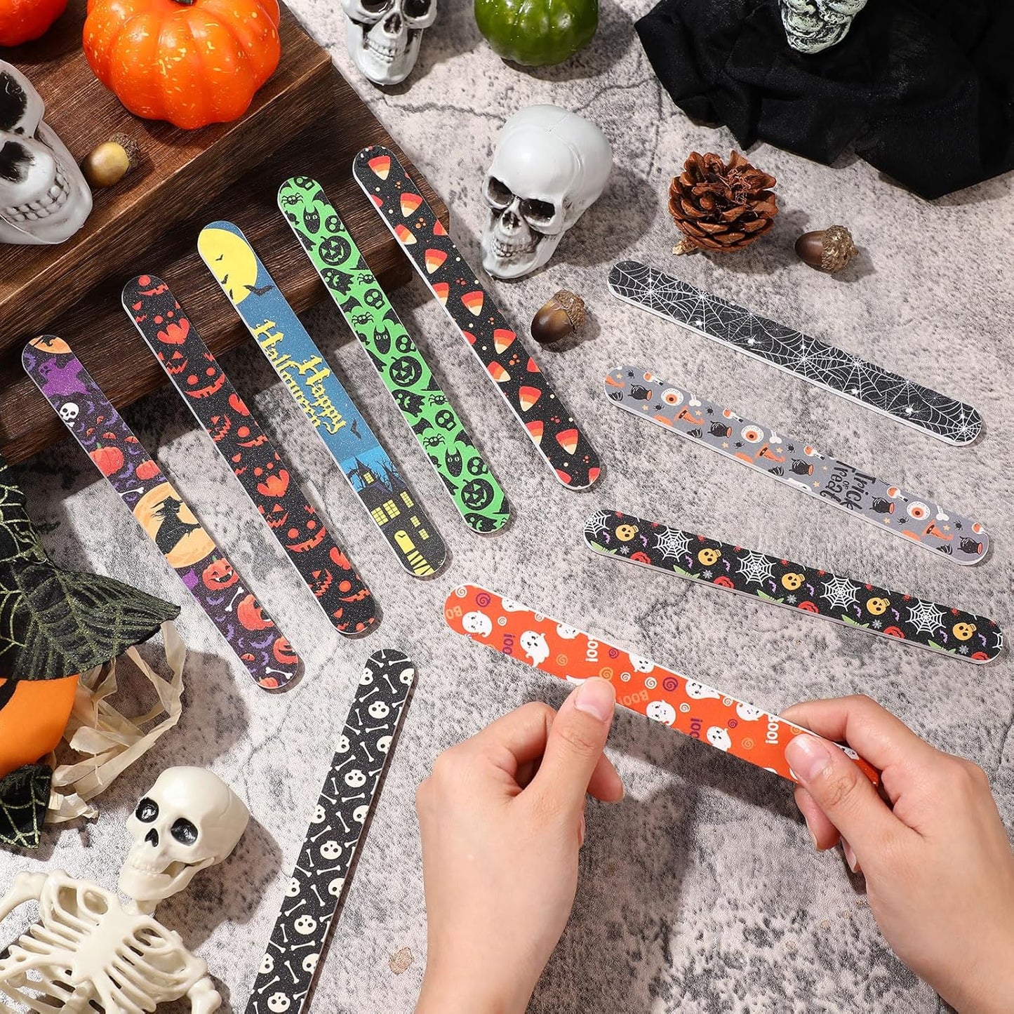 100 Pcs Halloween Nail Files Gift for Women 7 Inch Large Emery Board Nail File for Natural Nails Double Sided 180 Grit Pumpkin Bat Spider Skull Emery Board Manicure Tools for Party Supplies