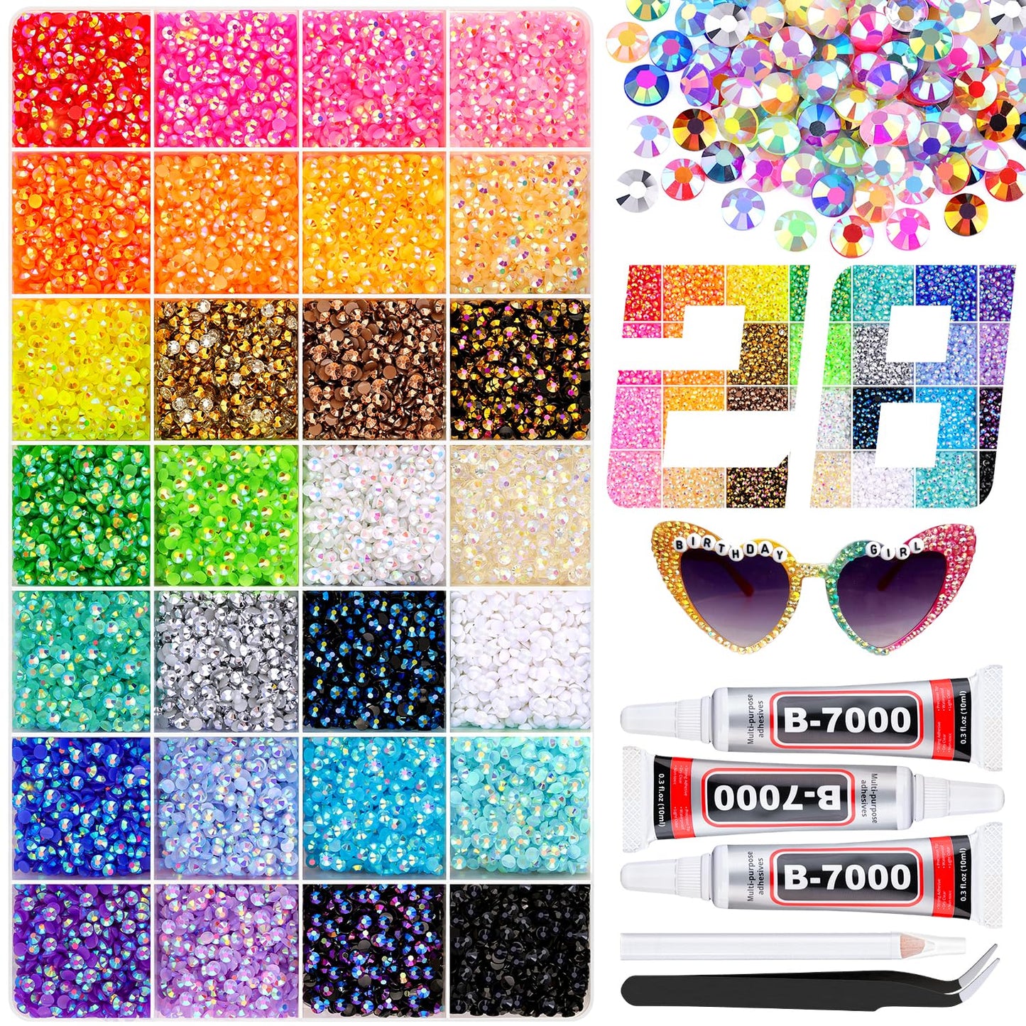 32000Pcs Resin Rhinestones with 3Pcs B7000 Jewelry Glue for Crafting, Multicolors 3mm Non Hotfix Flatback Gems, Bedazzling Crystal for DIY Crafts Clothing Tumblers Mugs Shoes Fabric Decor Nail Art