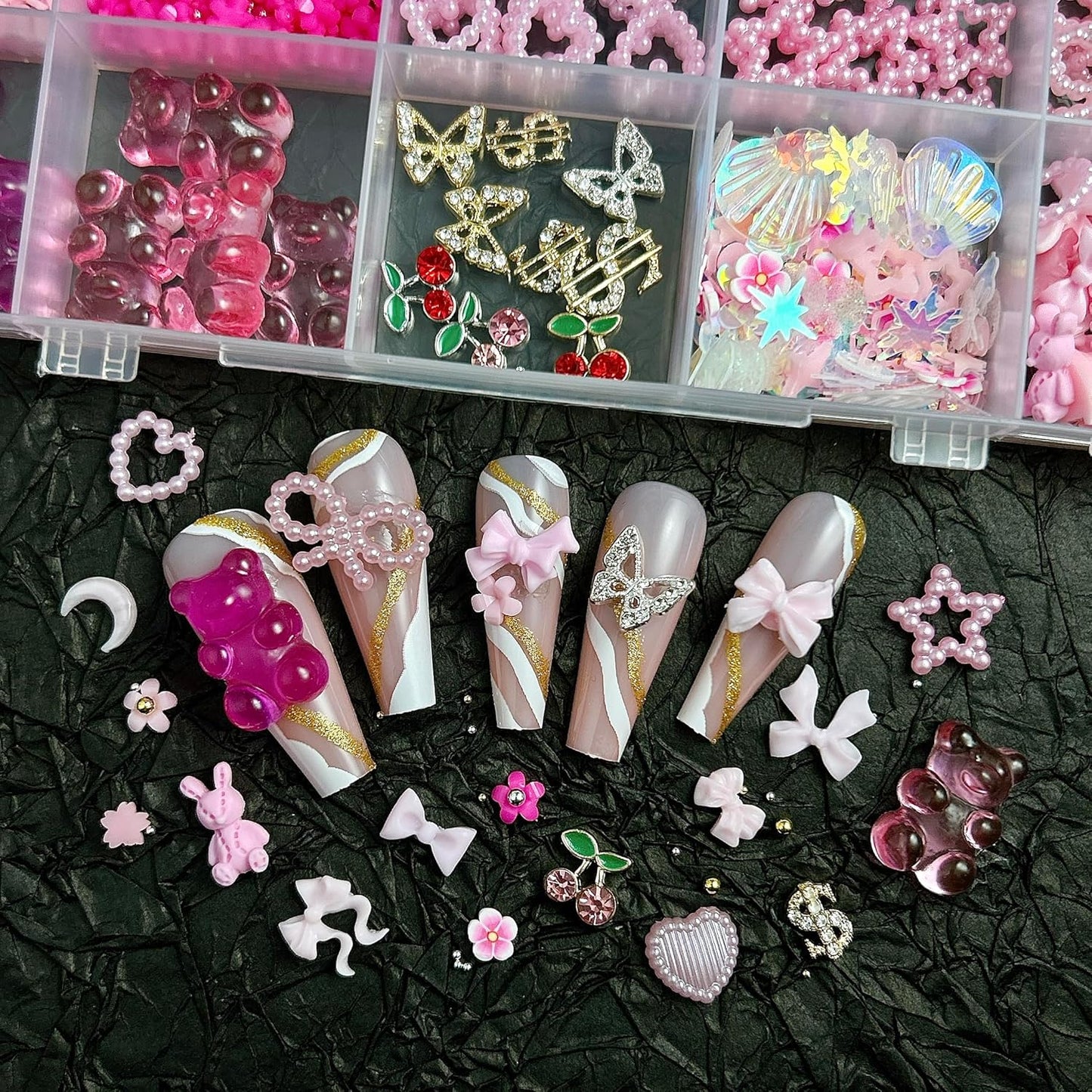 Gummy Candy Bear Nail Charms, Cute Pink Flower Bow 3D Nail Charms for Nails Design, Alloy Cherry Butterfly Dollar Nail Art for Women Manicure DIY Crafts