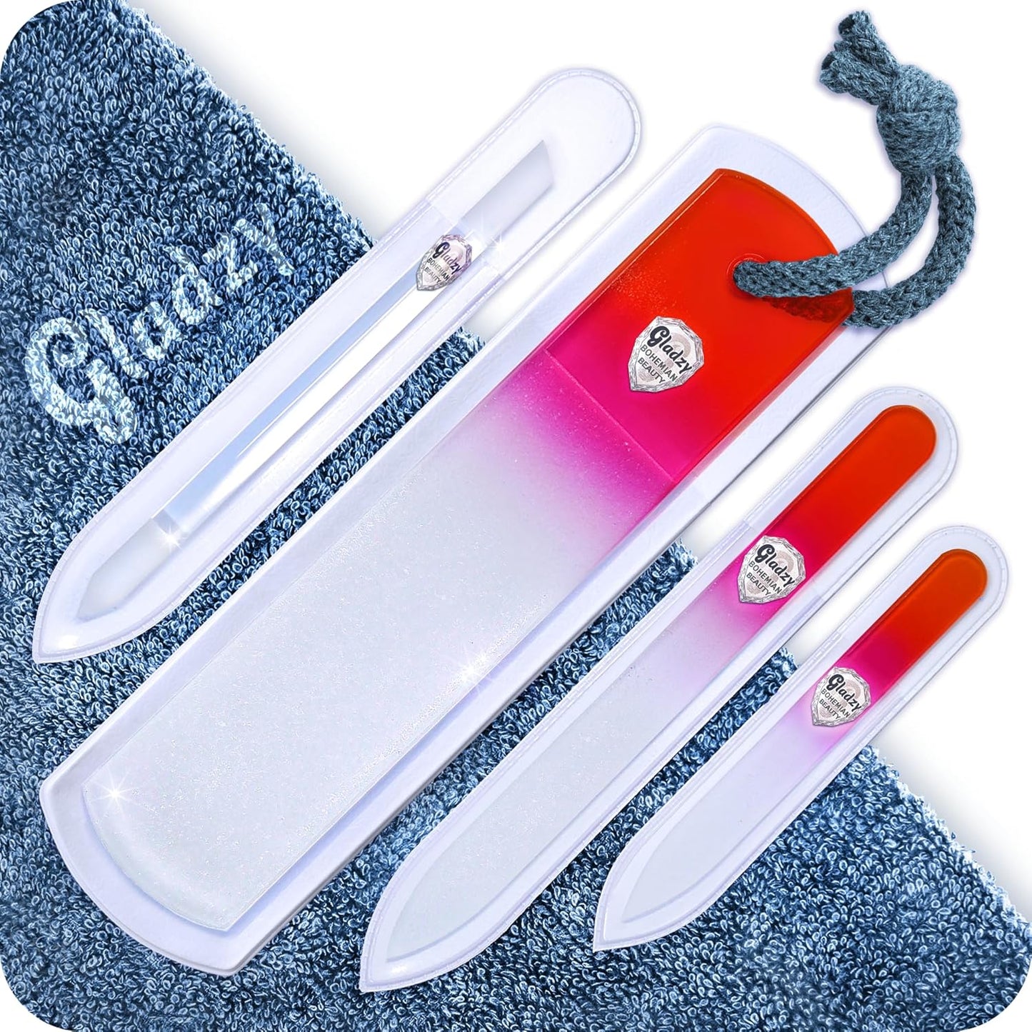 GLADZY Genuine Czech Glass Nail File Set - Callus Remover Foot Rasp, Cuticle Pusher Manicure Stick, Double Sided Etched Different Grit Surface, Professional Nail Care Tool, Made in EU