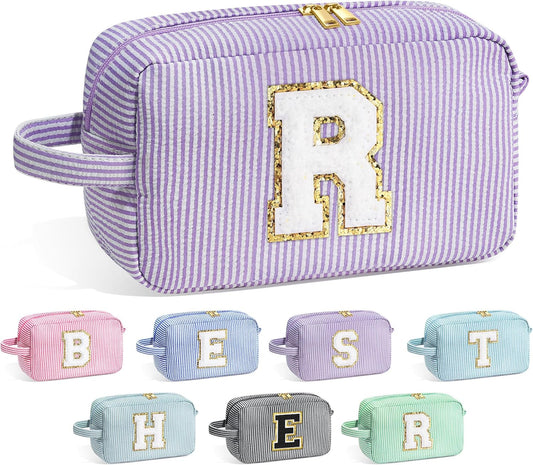 YOOLIFE Makeup Bag - Initial Makeup Bag Cosmetic Bag, Make Up Bags, Monogram Cosmetic Bags, Travel Cosmetic Bag, Cute Makeup Pouch Makeup Case, Personalized Purple Makeup Bags for Women Her R