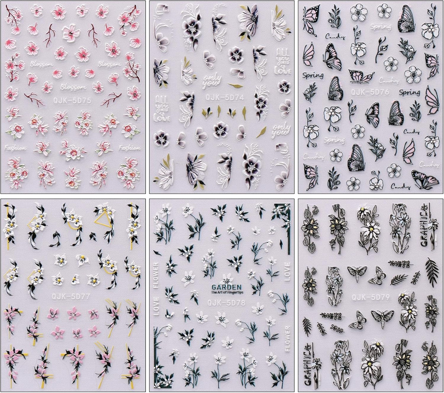 JMEOWIO 6 Sheets 3D Embossed Spring Flower Nail Art Stickers Decals Self-Adhesive Pegatinas Uñas 5D Colorful Summer Floral Leaf Nail Supplies Nail Art Design Decoration Accessories