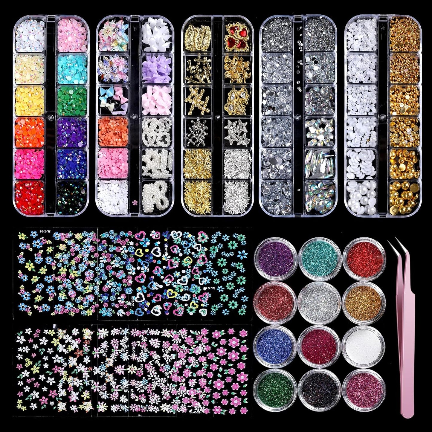 Nail Charms,Nail Gems, Flower Bow Butterfly Nail Charms and Gems,Nail Art Studs and Rhinestones,Nail Decorations Kit with Gold Beads,White Pearls for Nails,Nail Glitters and Stickers