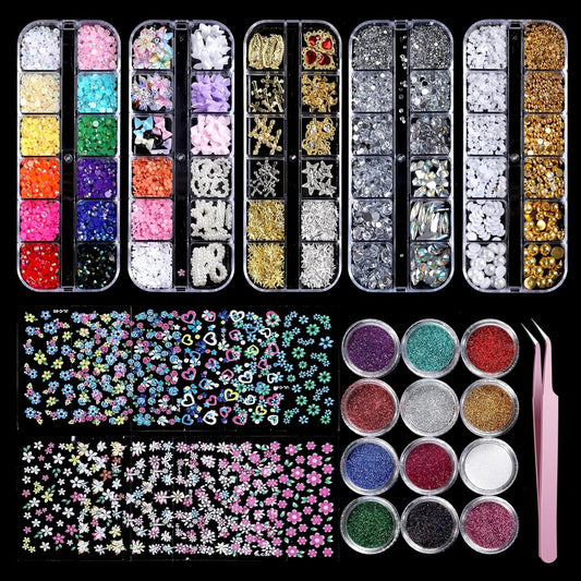 Nail Charms,Nail Gems, Flower Bow Butterfly Nail Charms and Gems,Nail Art Studs and Rhinestones,Nail Decorations Kit with Gold Beads,White Pearls for Nails,Nail Glitters and Stickers
