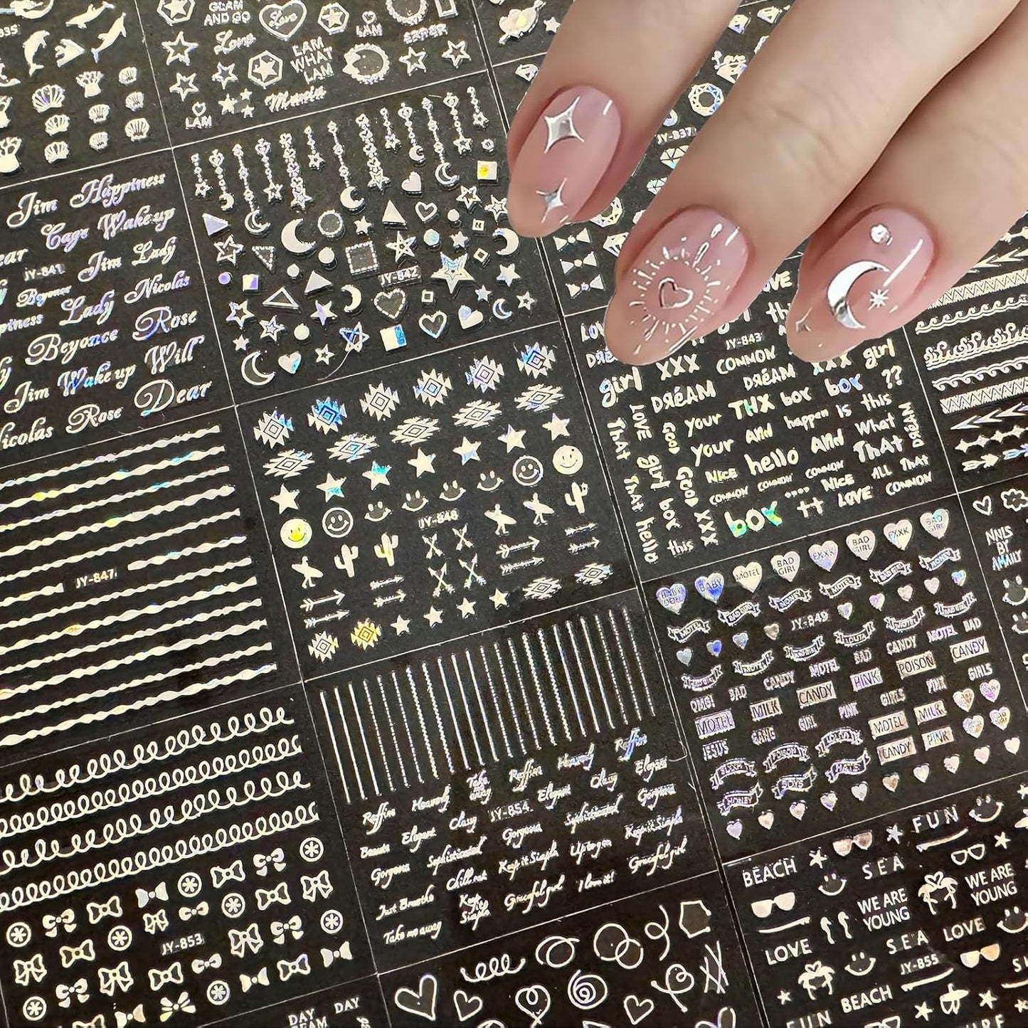 30 Sheets Silver Nail Art Stickers Aurora Star Moon Nail Decals 3D Self-Adhesive Holographic Line Nail Stickers Laser Heart Letter Snowflake Leaf Nail Supplies for Women Girls Manicure DIY