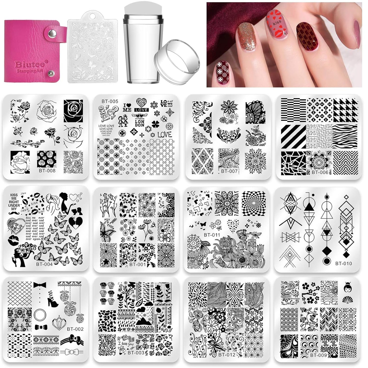 Biutee Nail Stamper Kit 12Pcs Nail Stamping Plate 8Pcs Stamping Gel Polish Nail Stamping Kit with Silicone Stamper Scraper Storage Bag Lace Plaid Stamp Template Halloween Christmas Gift for Women