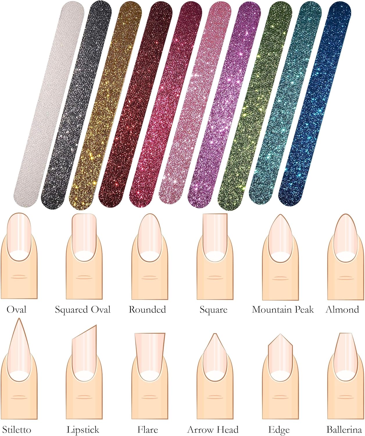 Glitter Colorful Nail File Strips - Manicure and Pedicure Nail Buffers - Double Sided Filers for Shaping and Smoothing Toenails and Fingernails (Regular, 20)