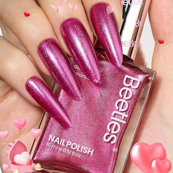 Beetles Hot Pink Nail Polish 15ml, Fast Drying & Long Lasting Glitter Nail Polish Pink Nail Lacquer Glossy for DIY Nail Salon-Quality Results