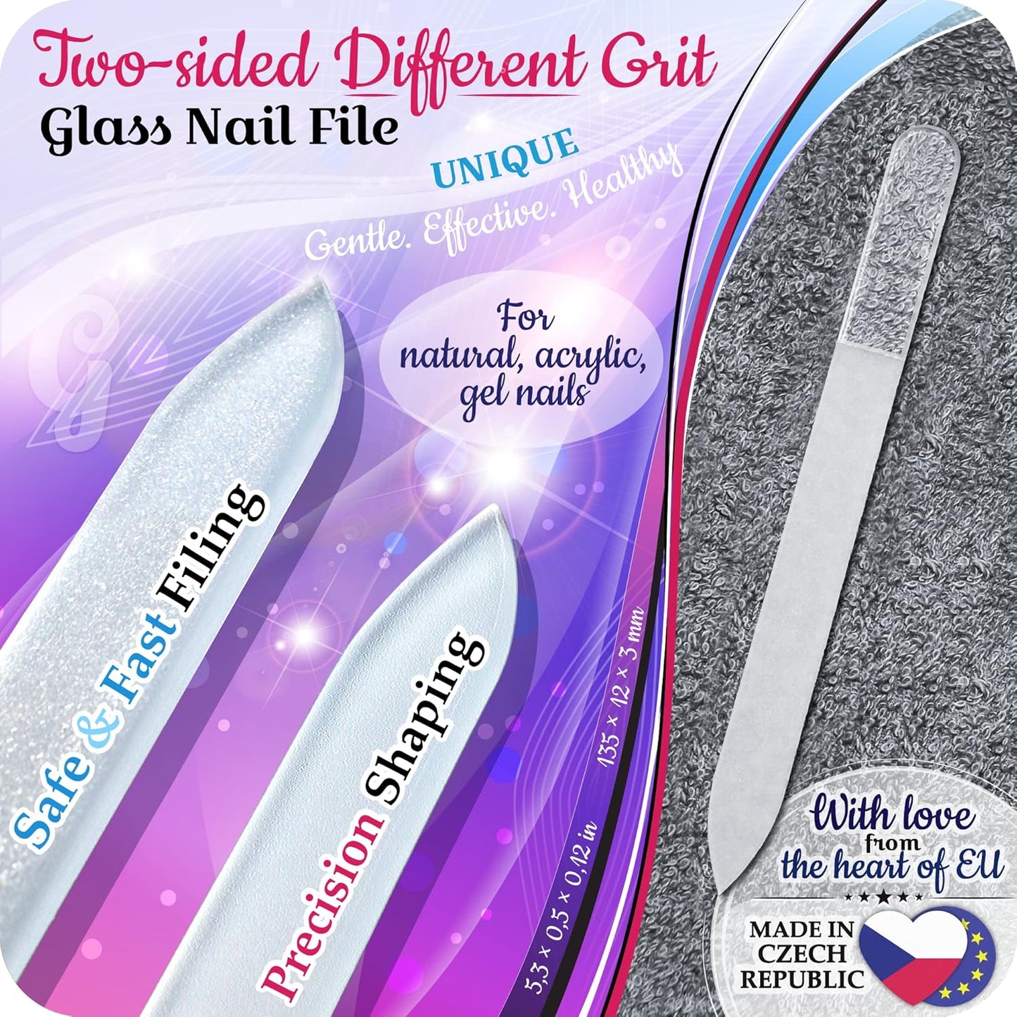 GLADZY 3D Czech Glass Nail File with Case – Crystal Nail File for Natural Nails, Double Sided Dual Grit Coarse & Smooth Etched Surface, Comfort 3D Grip Handle, Professional Manicure Tool, Made in EU